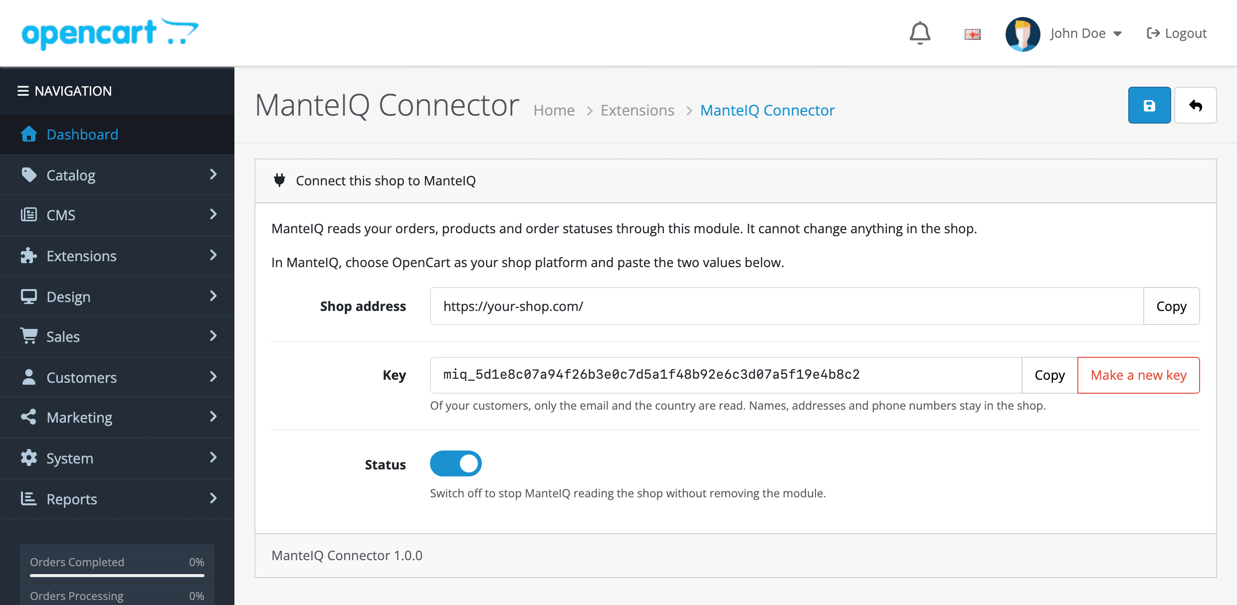 The ManteIQ Connector page in the OpenCart admin: the shop address, the key with Copy and Make a new key buttons, and the status switch.