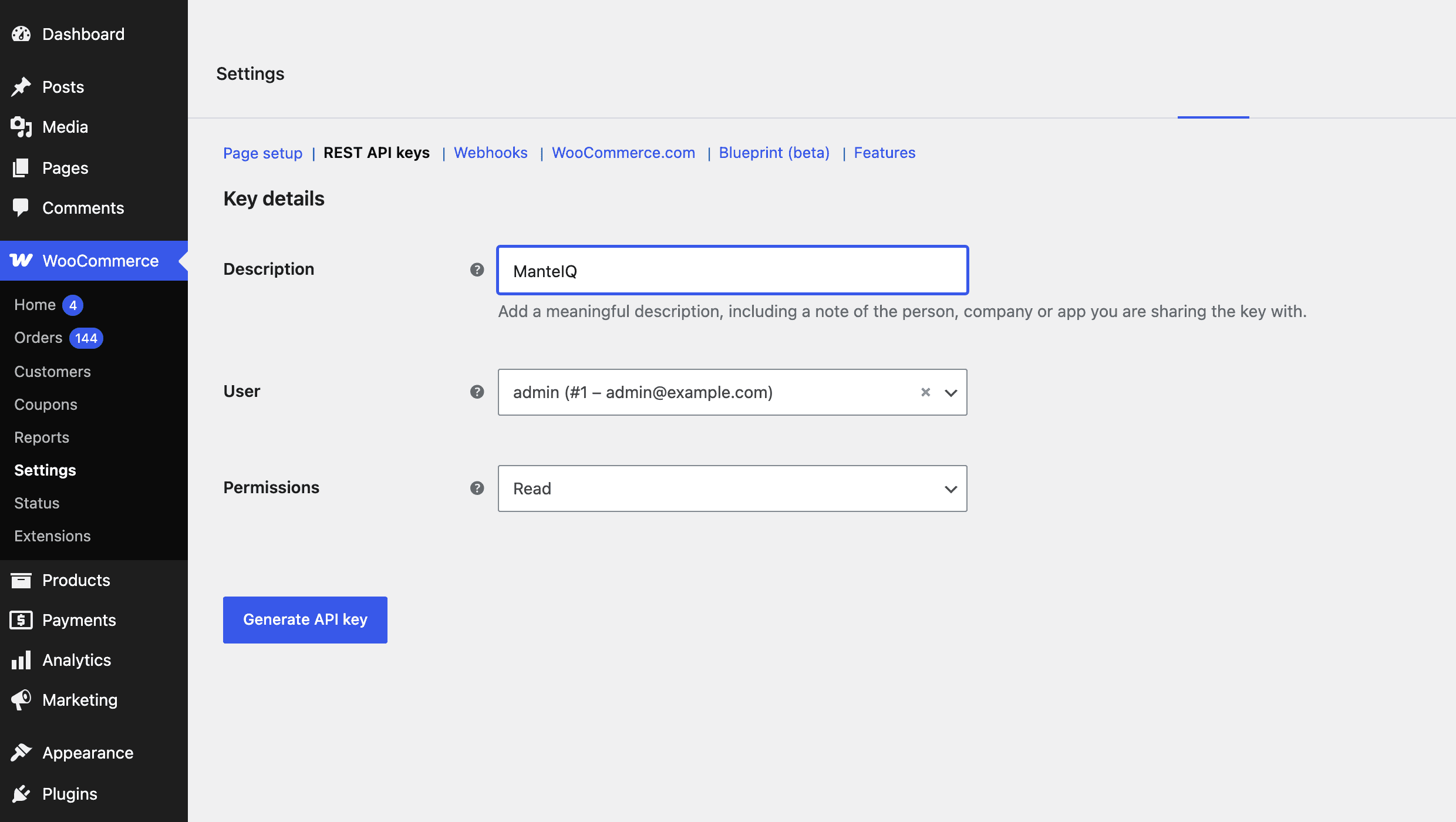 Ekranas Add key WooCommerce: laukai Description, User ir Permissions, nustatytas į Read, virš mygtuko Generate API key.