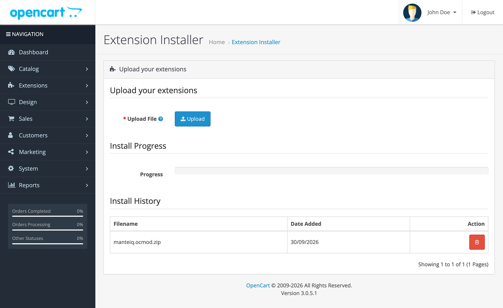 The Extension Installer page of OpenCart 3.0.5.1 with an Upload File button, an empty install progress bar and an Install History table that lists manteiq.ocmod.zip.
