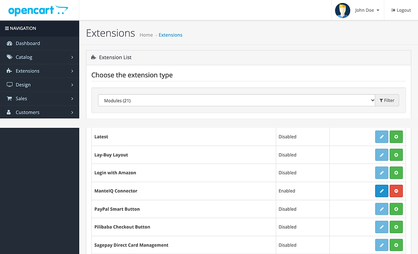 The OpenCart 3.0.5.1 extension list with Modules chosen. The ManteIQ Connector row shows Enabled with a blue pencil and a red minus button.