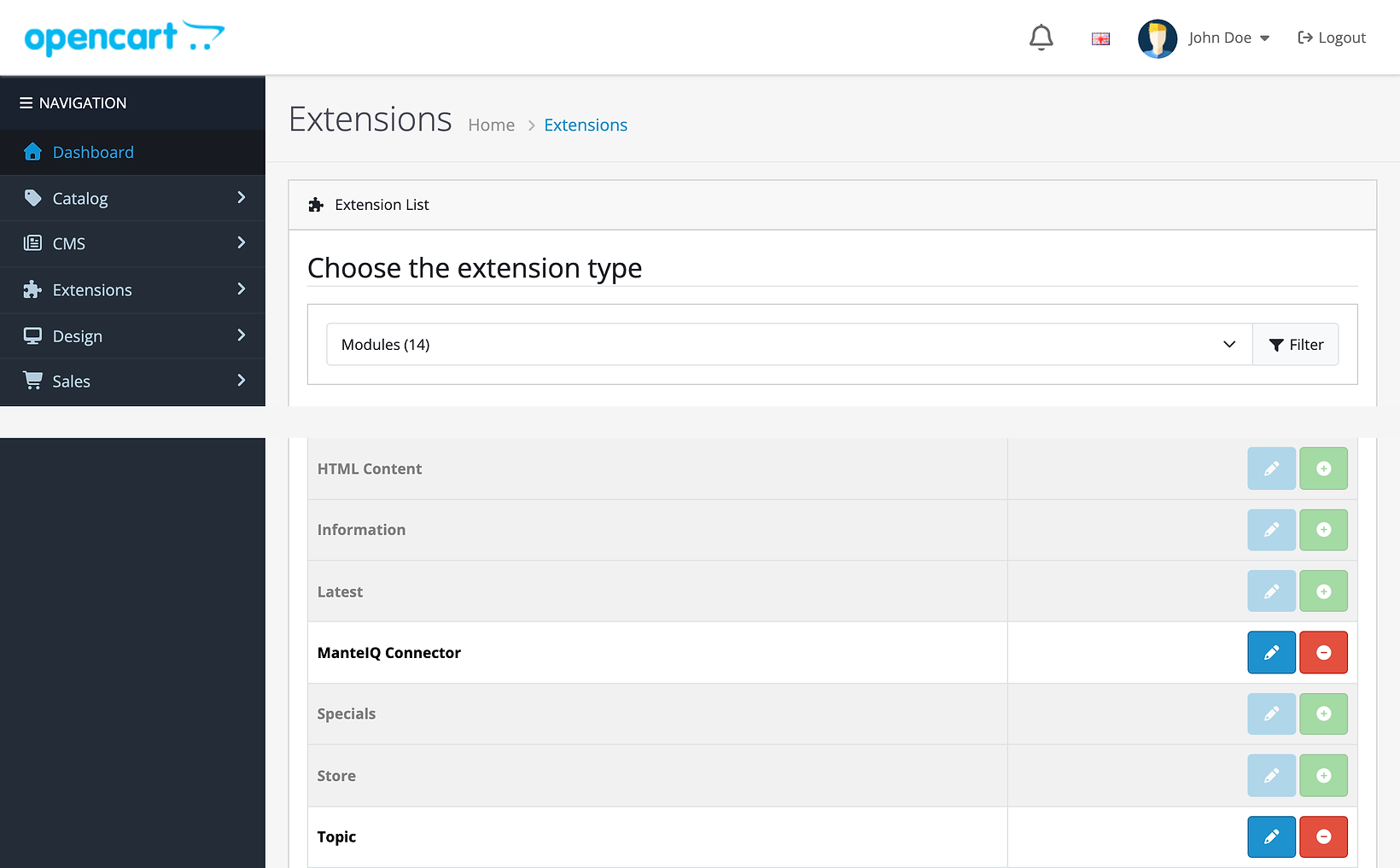The OpenCart 4.1.0.4 extension list with Modules chosen in the type dropdown. The ManteIQ Connector row has a blue pencil and a red minus button, and the uninstalled modules around it have a green plus.