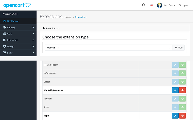 The OpenCart 4.1.0.4 extension list with Modules chosen in the type dropdown. The ManteIQ Connector row has a blue pencil and a red minus button, and the uninstalled modules around it have a green plus.