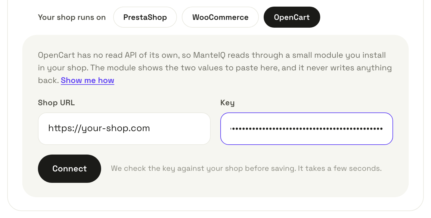 ManteIQ's Your shop card with OpenCart chosen next to PrestaShop and WooCommerce, a Shop URL field holding https://your-shop.com, a hidden Key field and a Connect button.