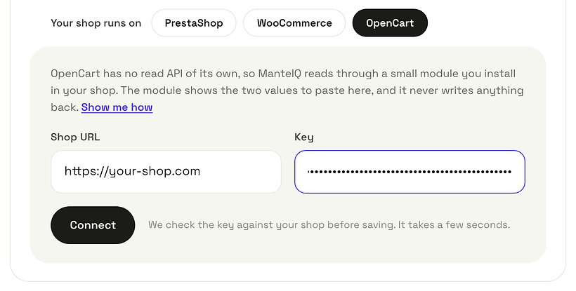 ManteIQ's Your shop card with OpenCart chosen next to PrestaShop and WooCommerce, a Shop URL field holding https://your-shop.com, a hidden Key field and a Connect button.