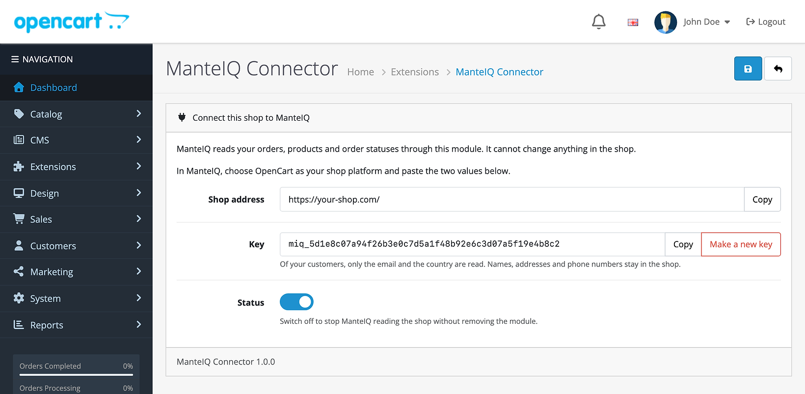 The ManteIQ Connector page in the OpenCart admin: the shop address, the key with Copy and Make a new key buttons, and the status switch, which is on.