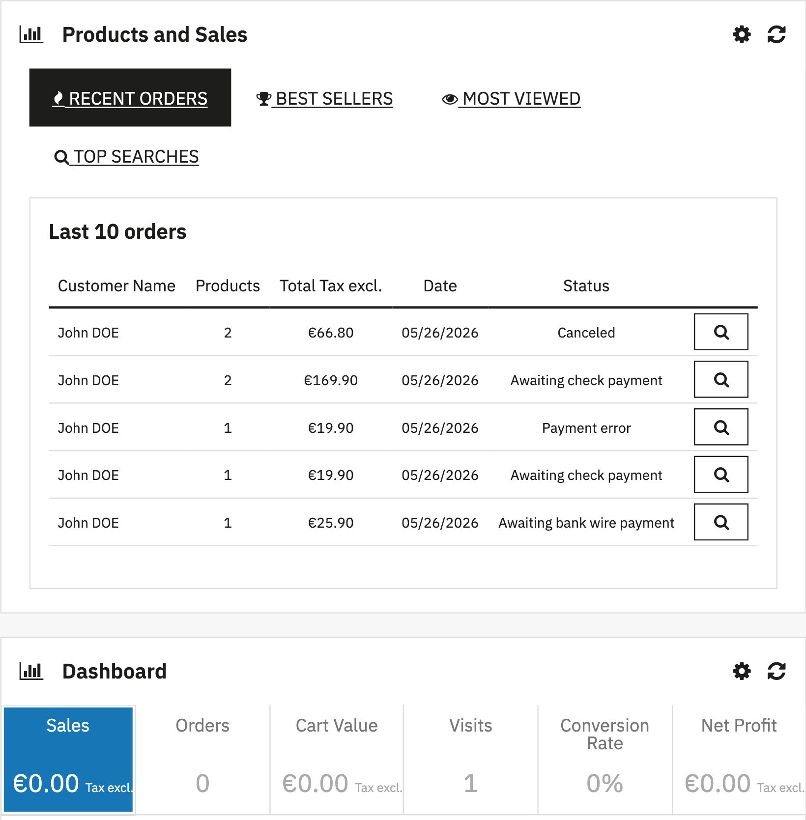 The PrestaShop 9.1.3 Dashboard with five recent orders in the statuses Canceled, Awaiting check payment, Payment error and Awaiting bank wire payment, while the Dashboard shows sales of €0.00, 0 orders, 1 visit and a 0% conversion rate.