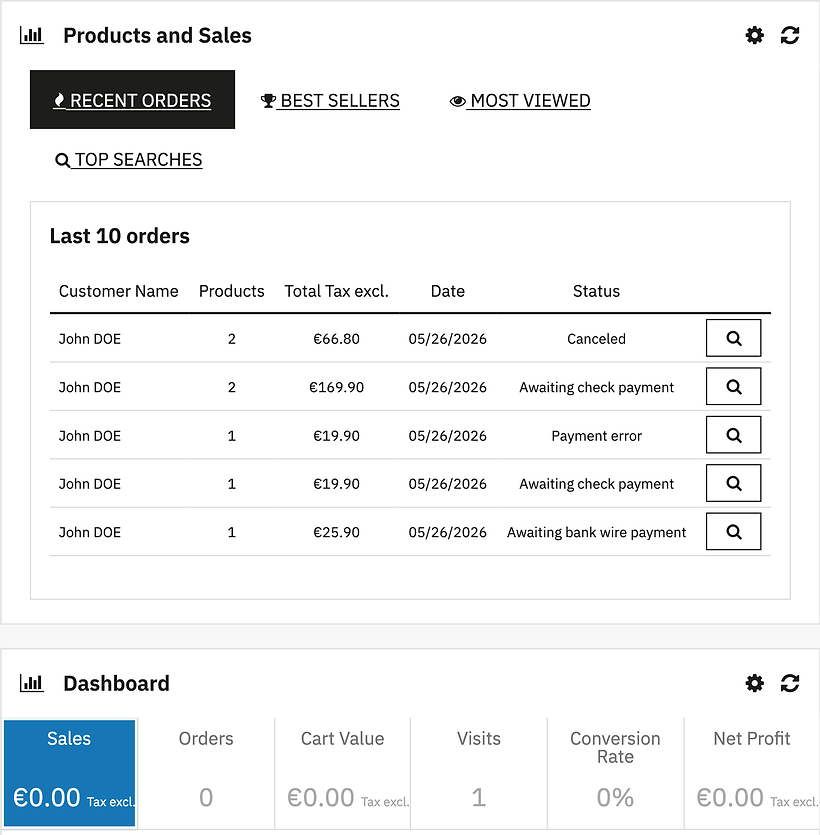 The PrestaShop 9.1.3 Dashboard with five recent orders in the statuses Canceled, Awaiting check payment, Payment error and Awaiting bank wire payment, while the Dashboard shows sales of €0.00, 0 orders, 1 visit and a 0% conversion rate.