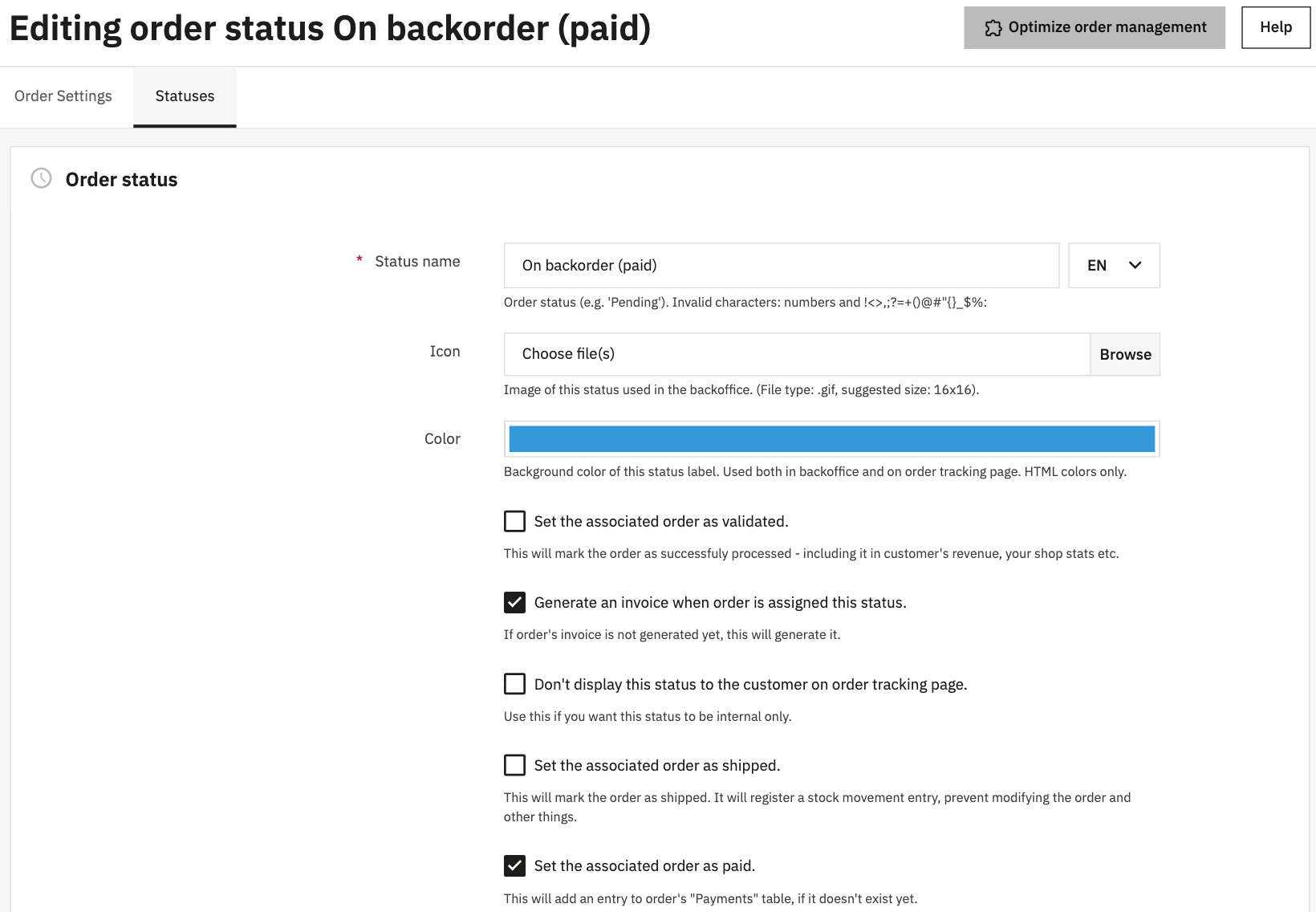 Editing the On backorder (paid) order status in PrestaShop 9.1.3: Set the associated order as validated is unticked, while Generate an invoice and Set the associated order as paid are ticked.