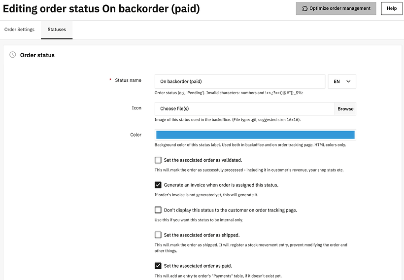Editing the On backorder (paid) order status in PrestaShop 9.1.3: Set the associated order as validated is unticked, while Generate an invoice and Set the associated order as paid are ticked.