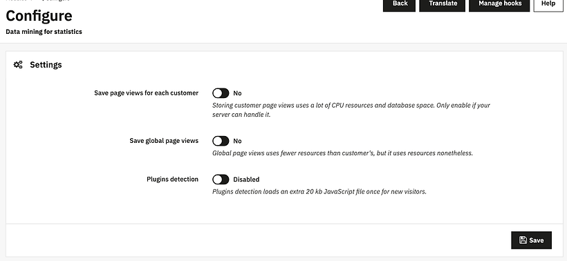 The Configure page of the Data mining for statistics module in PrestaShop 9.1.3, with Save page views for each customer set to No, Save global page views set to No and Plugins detection disabled.